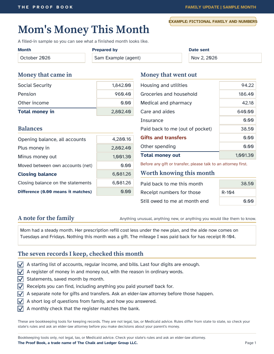 First page of the filled-in sample month