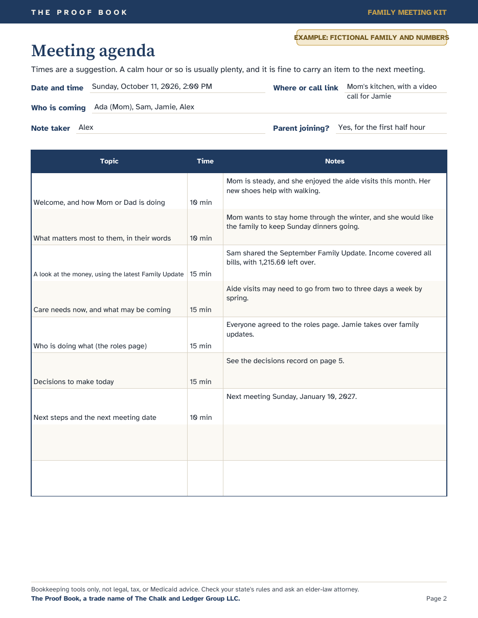 The agenda page, with example notes.